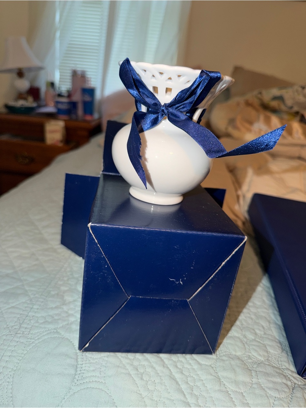 Mikasa White Ceramic Bud Vase with Navy Ribbon
